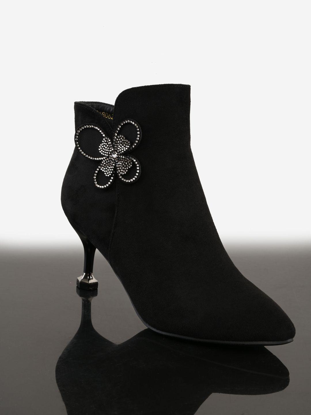 buckleup black block heeled boots with bows