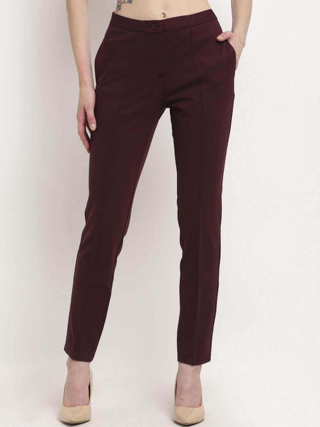 crozo by cantabil women maroon slim fit cigerette trousers