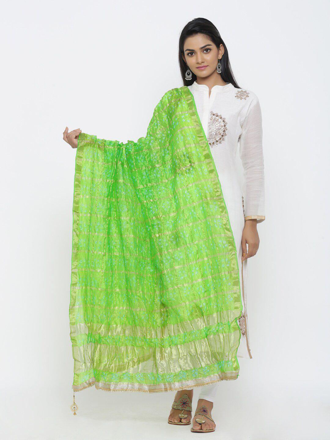 soundarya lime green & gold-toned printed art silk bandhani dupatta with gotta patti