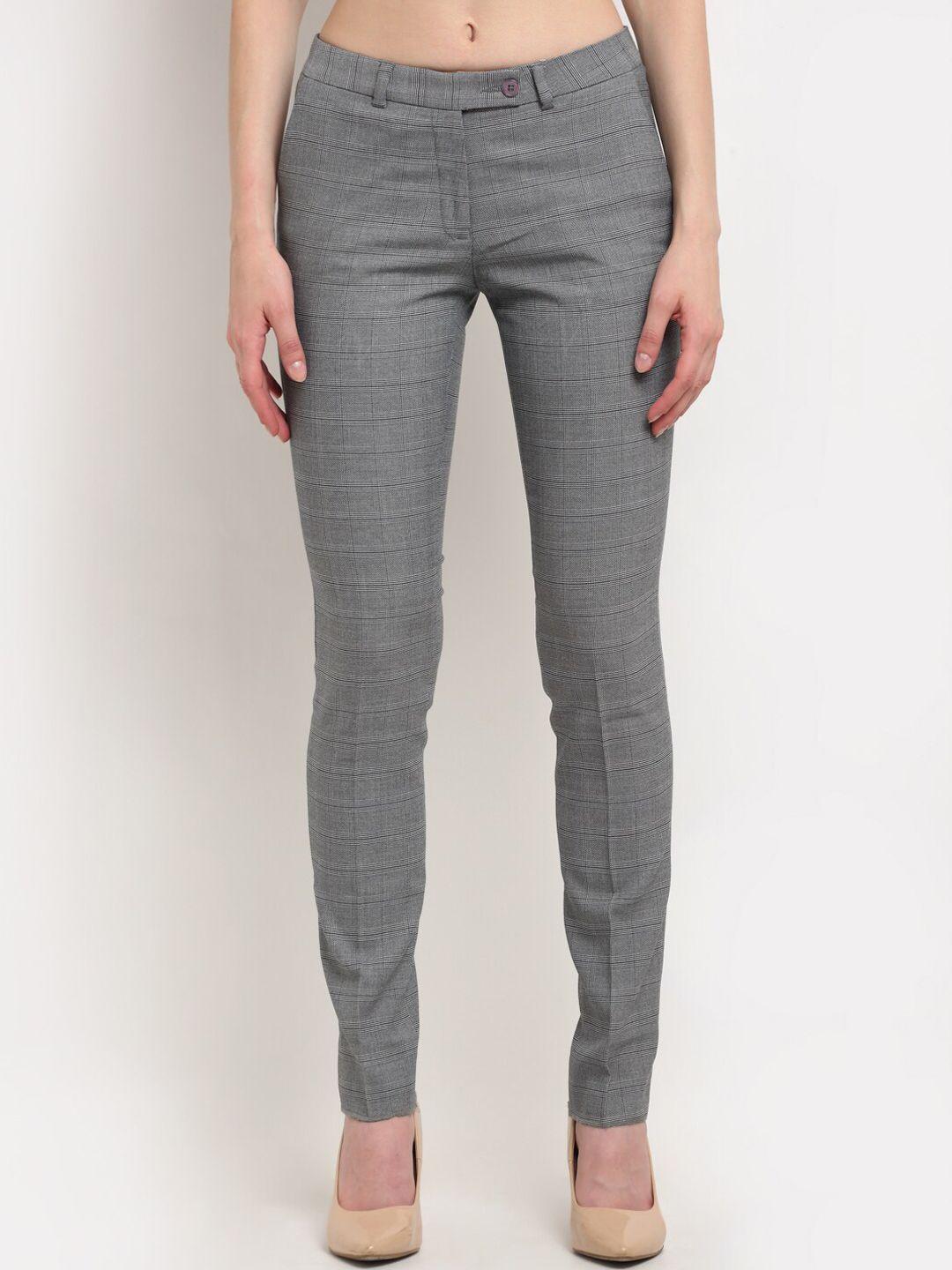 crozo by cantabil women grey checked slim fit trousers