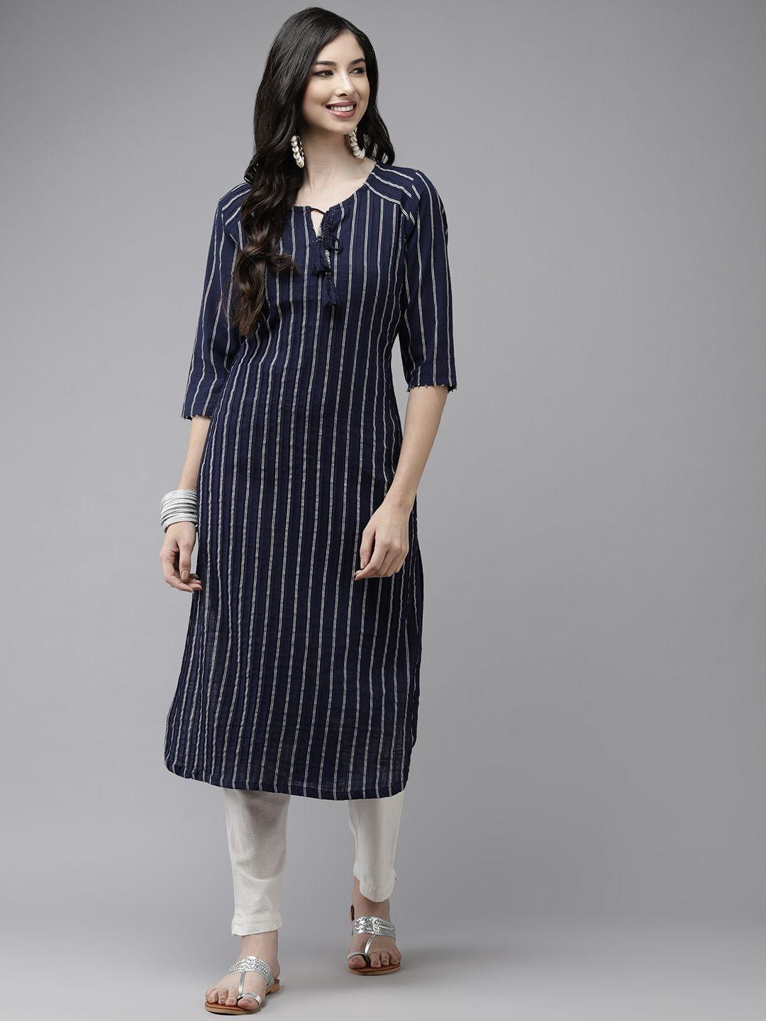 ishin women navy blue striped indigo pathani kurta