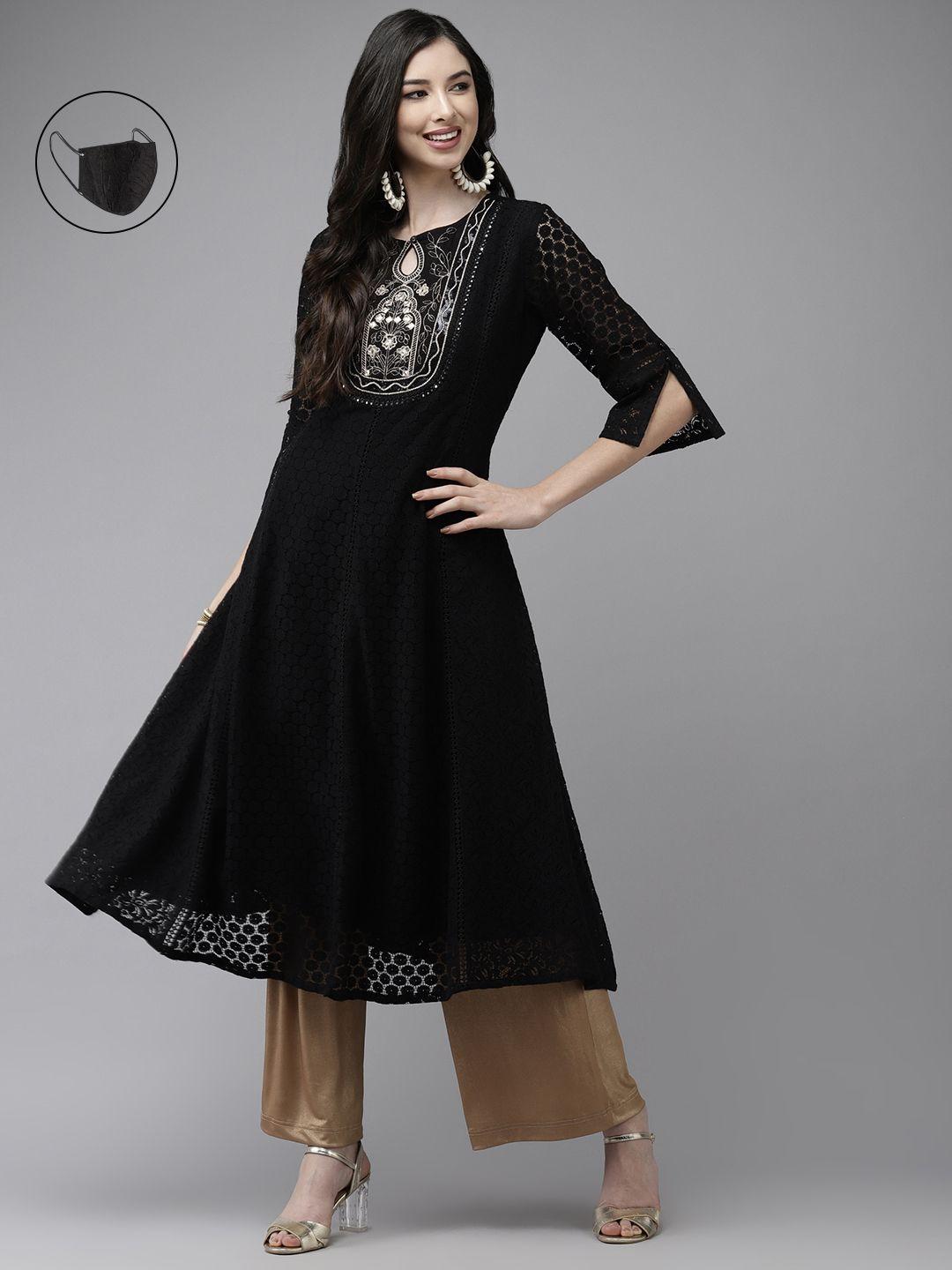 ishin women black floral embroidered keyhole neck floral anarkali kurta