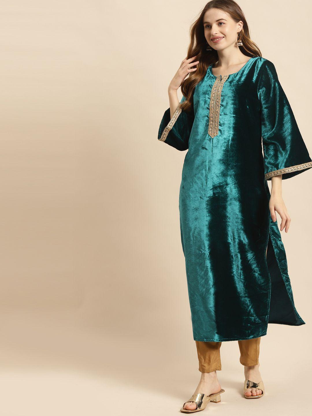 prakrti women teal blue dyed velvet straight kurta