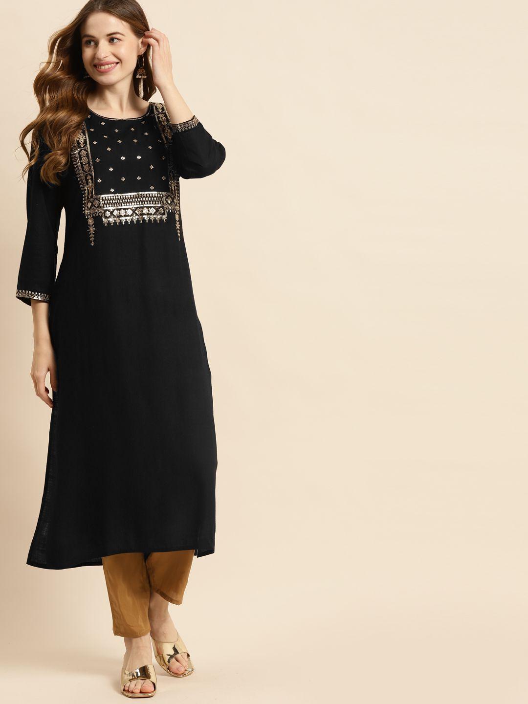 prakrti women black & gold-toned floral embroidered kurta