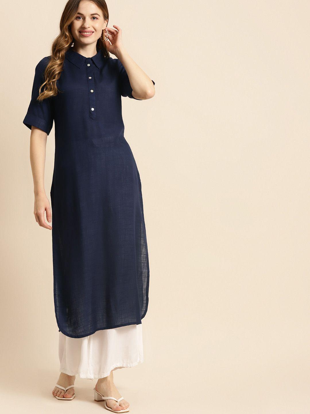 prakrti women navy blue solid shirt collar kurta