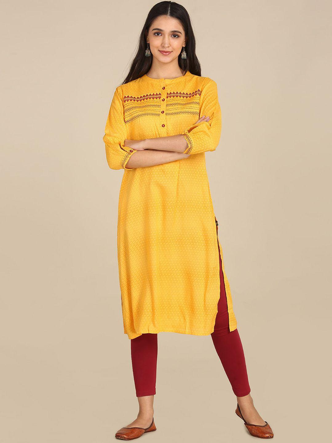 karigari women yellow geometric printed thread work kurta