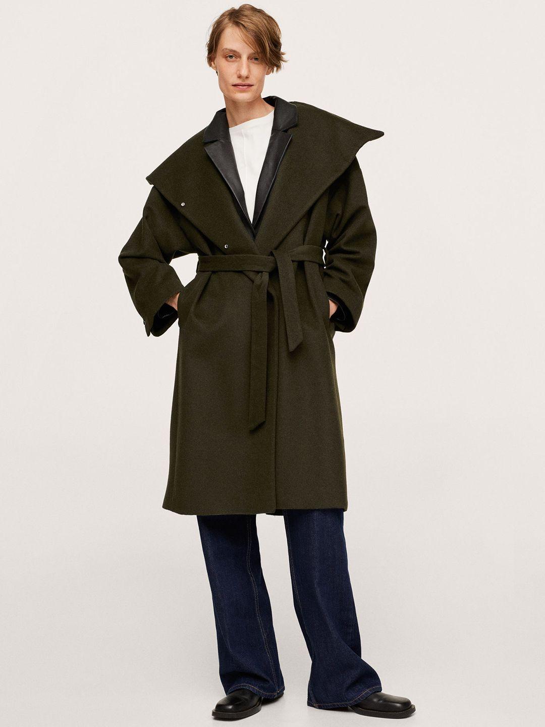 mango women olive green longline overcoat with a belt