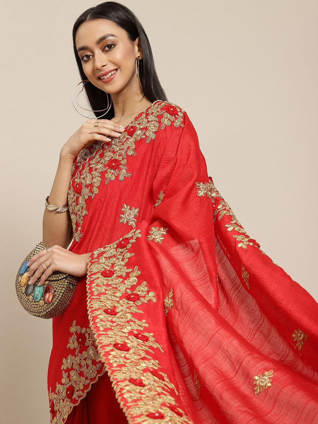 mitera red floral beads and stones heavy work maheshwari saree