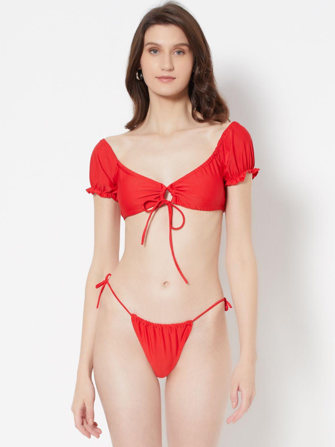 urbanic women red solid ruched swim bikini set