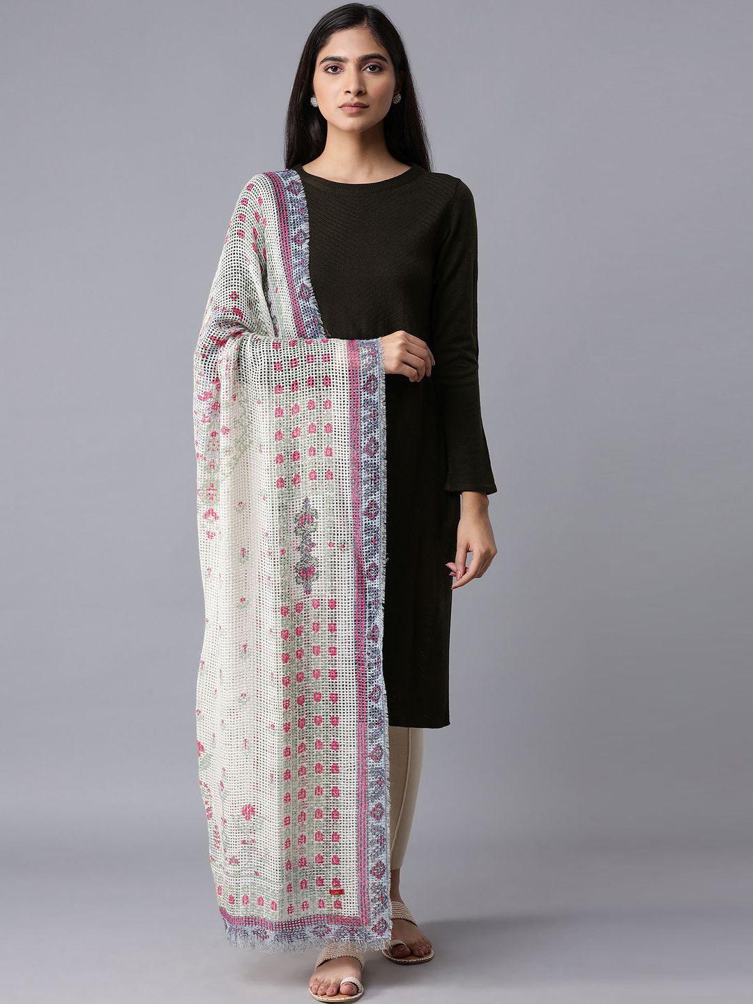 w women white & pink printed knitted shawl