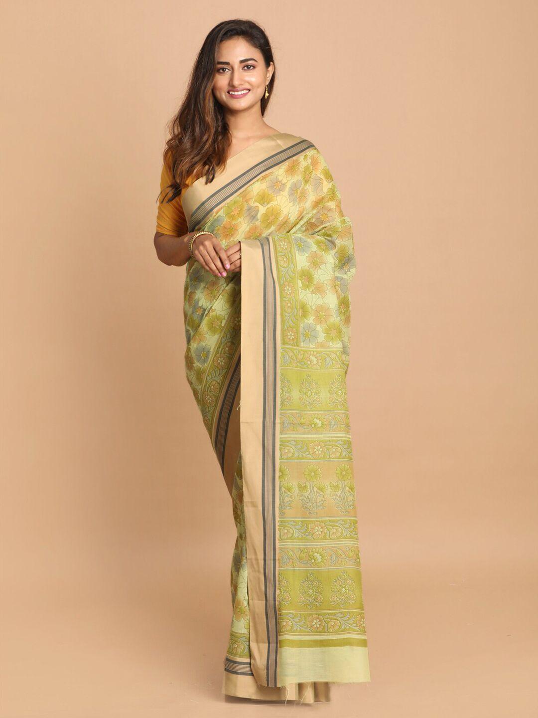 indethnic lime green & beige floral printed saree