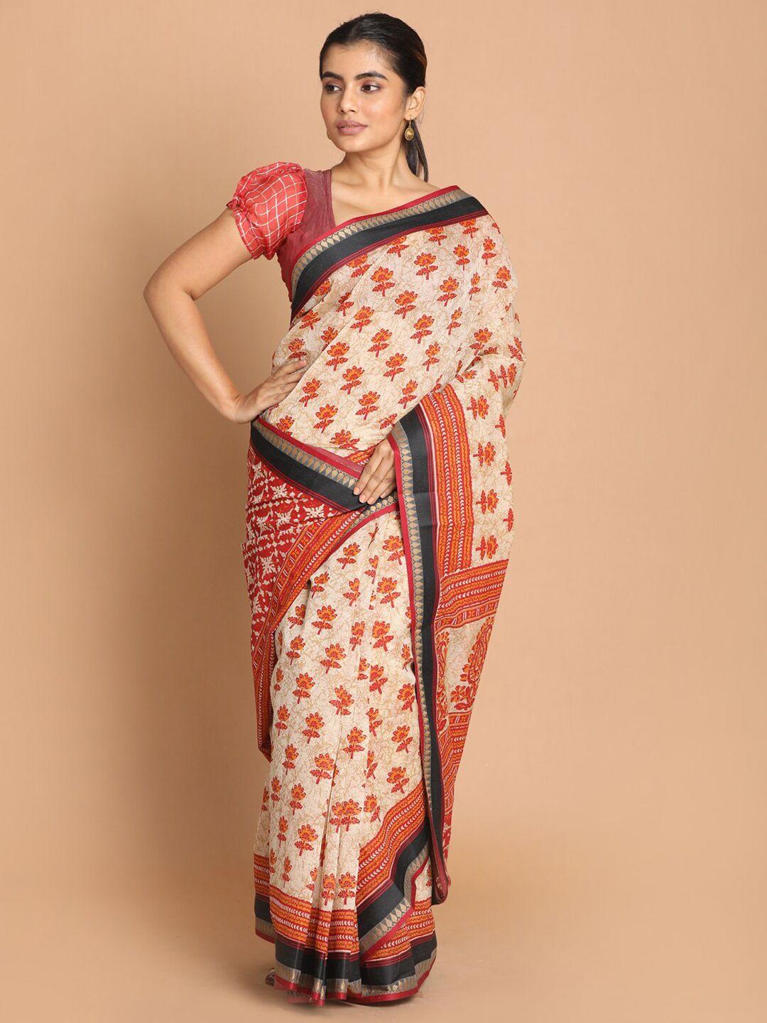 indethnic maroon & cream-coloured floral printed saree