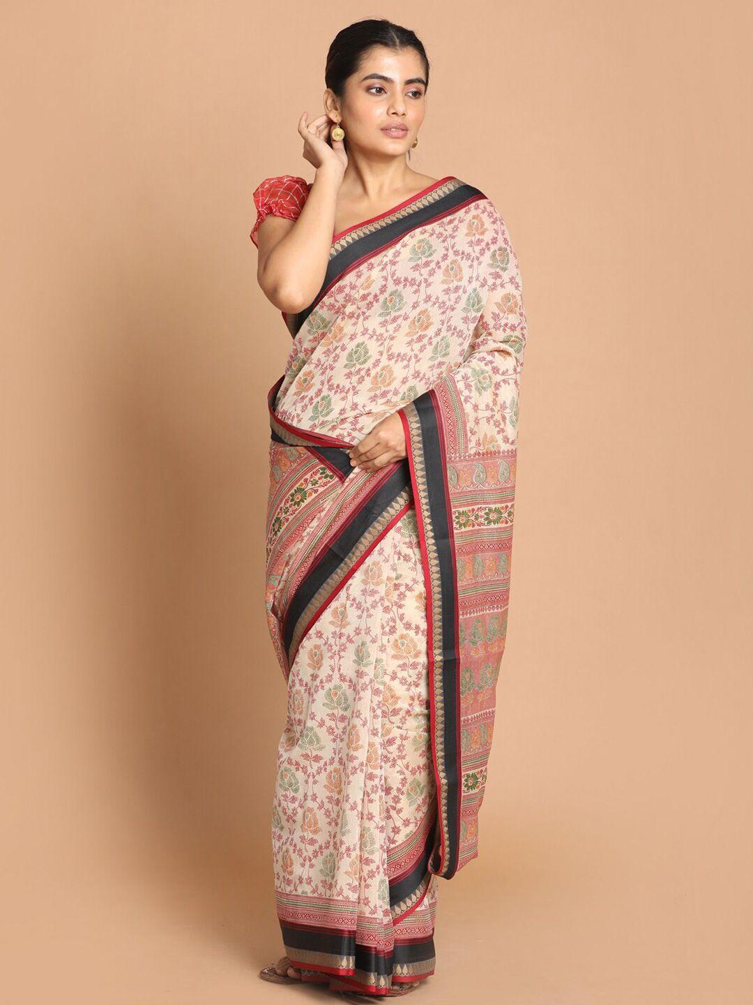 indethnic maroon & pink floral printed zari saree