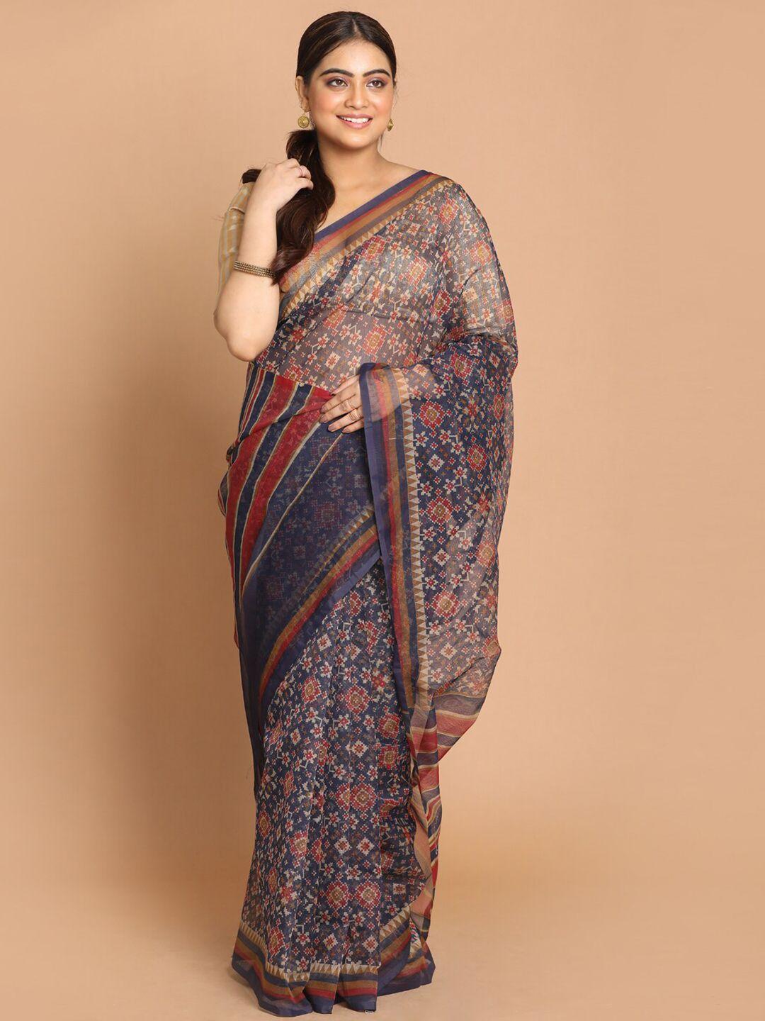 indethnic blue & red ethnic motifs supernet saree