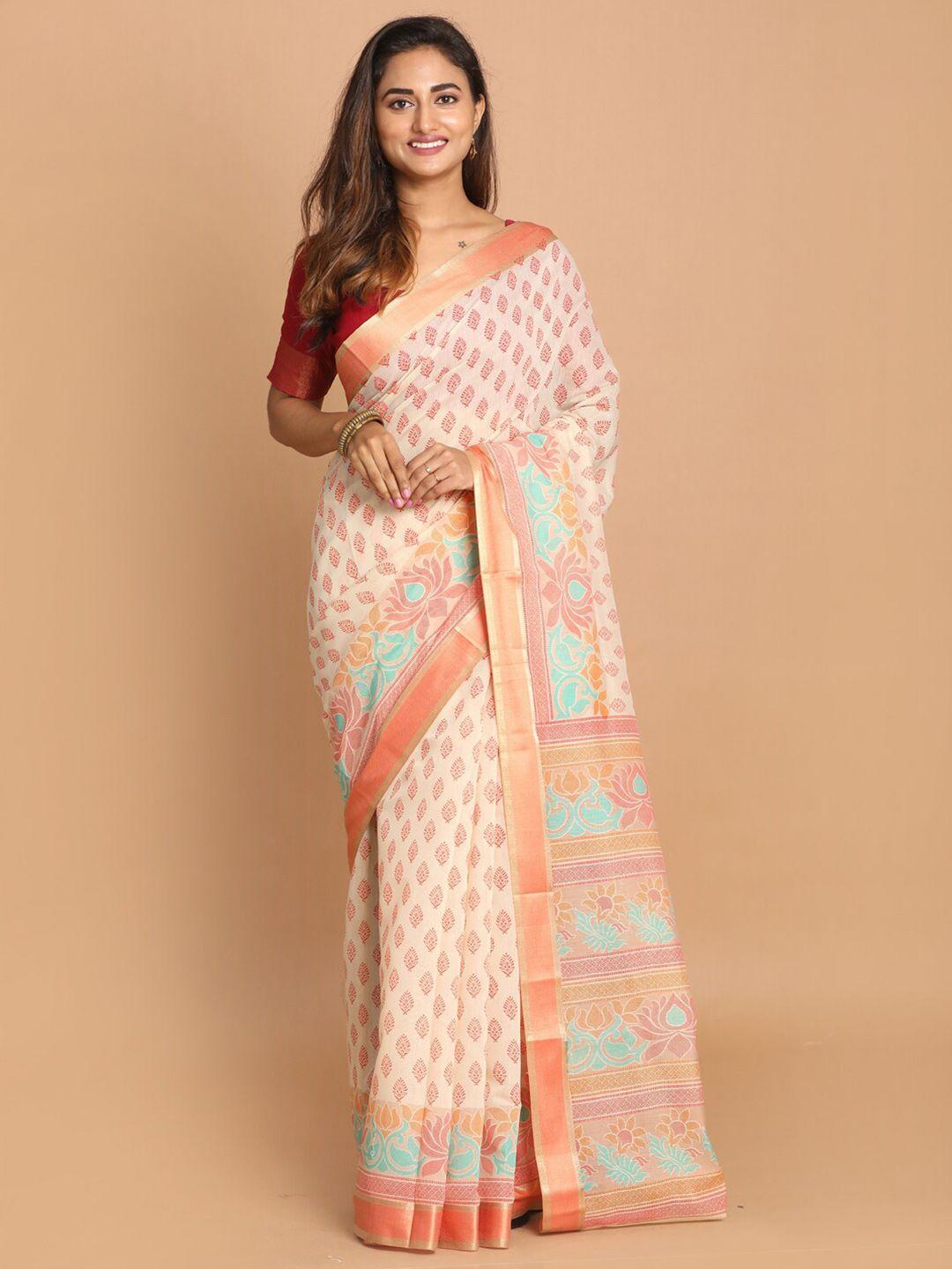 indethnic orange & blue ethnic motifs zari saree