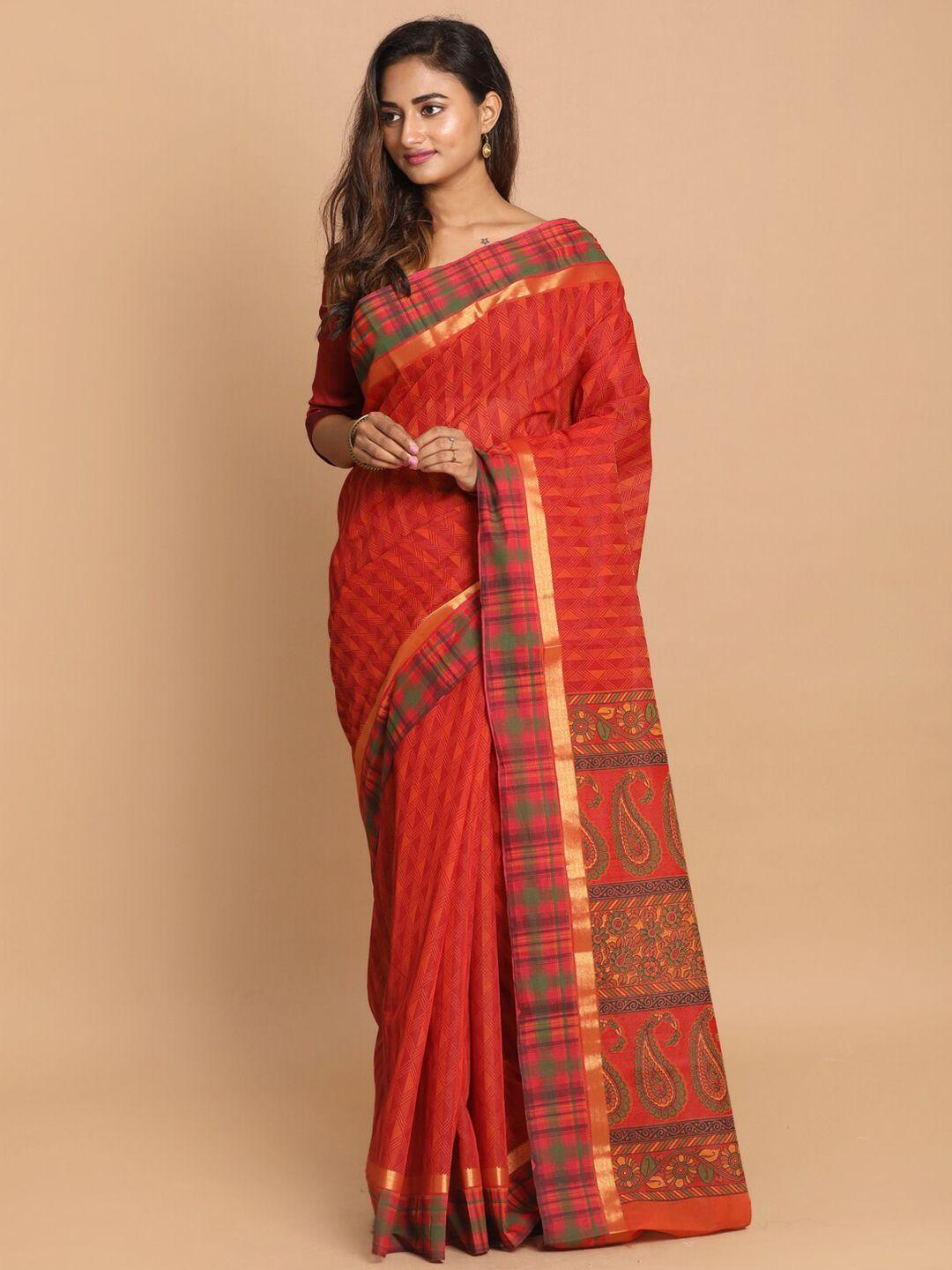 indethnic green & orange printed saree