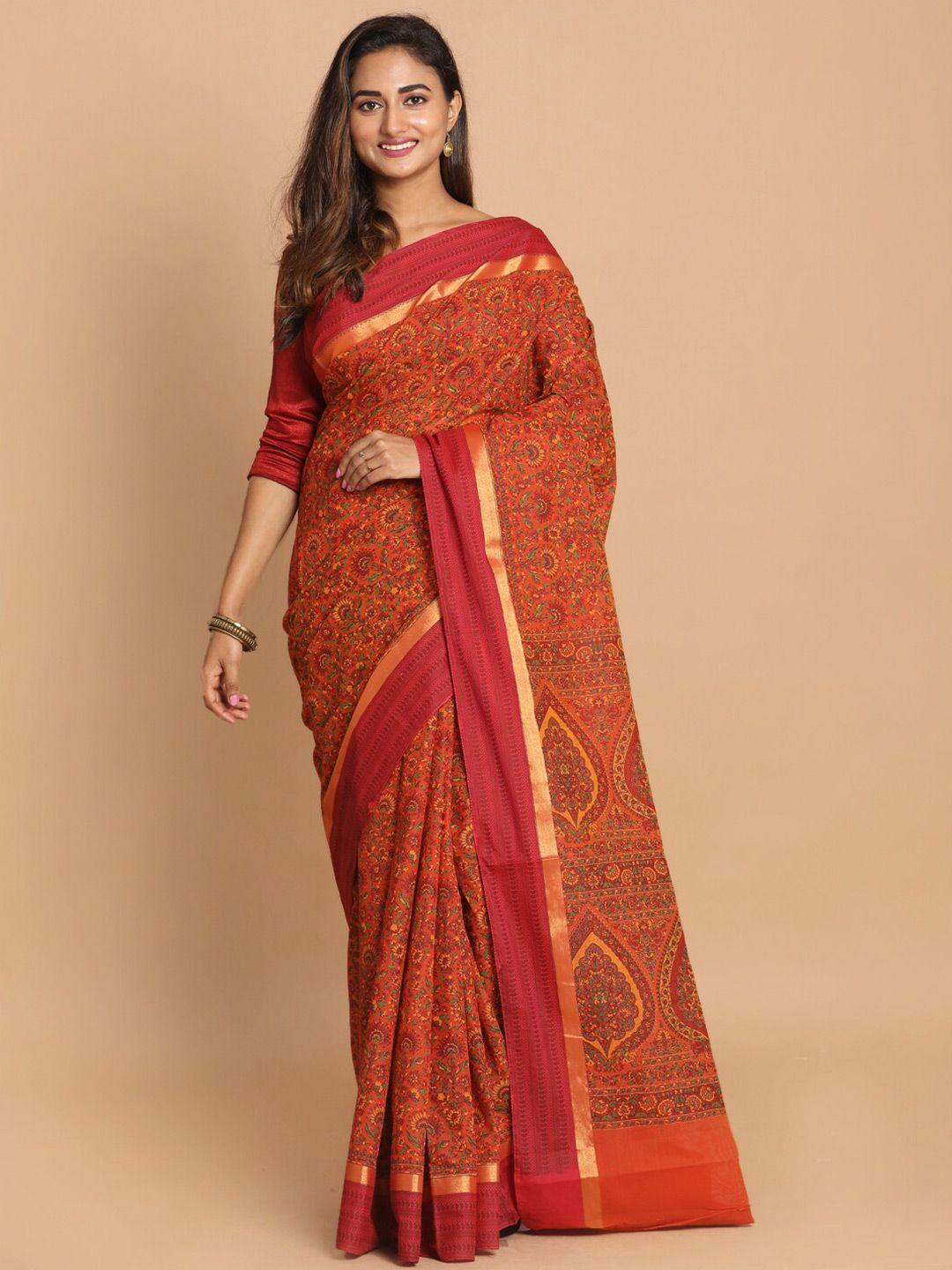 indethnic rust & orange floral saree