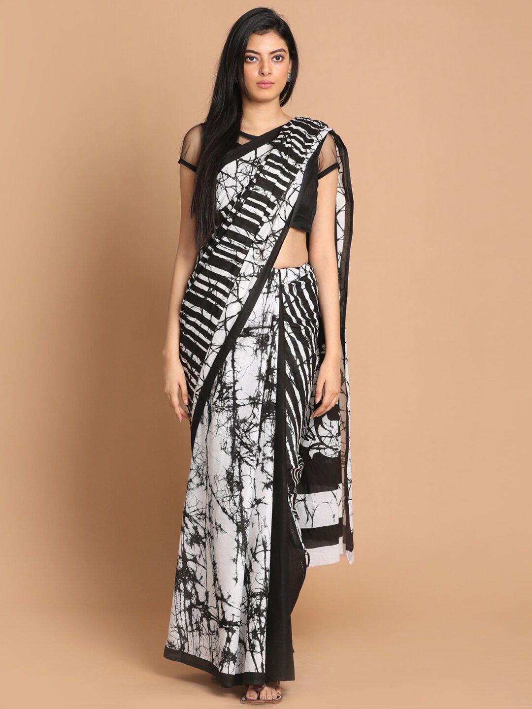 indethnic black & white tie and dye pure cotton saree