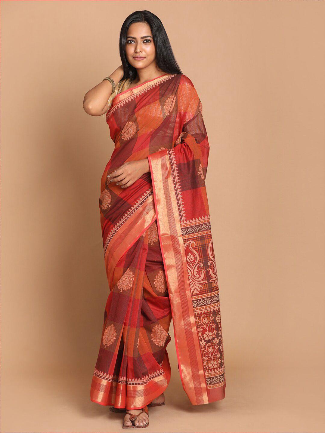 indethnic maroon & gold-toned ethnic motifs printed zari saree