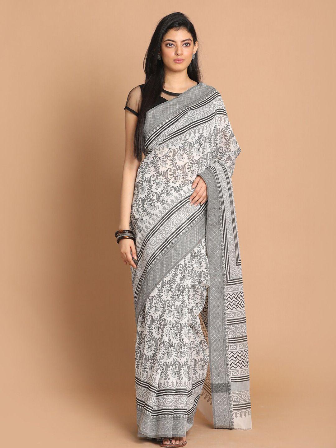 indethnic black & white ethnic motifs printed saree