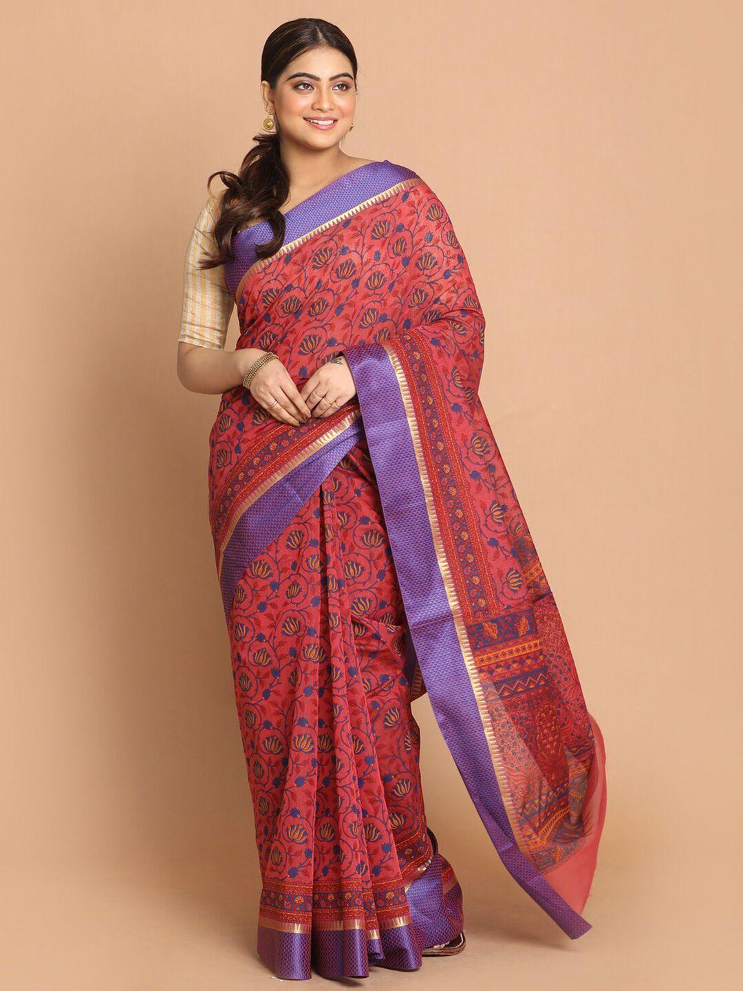 indethnic magenta & purple floral printed saree