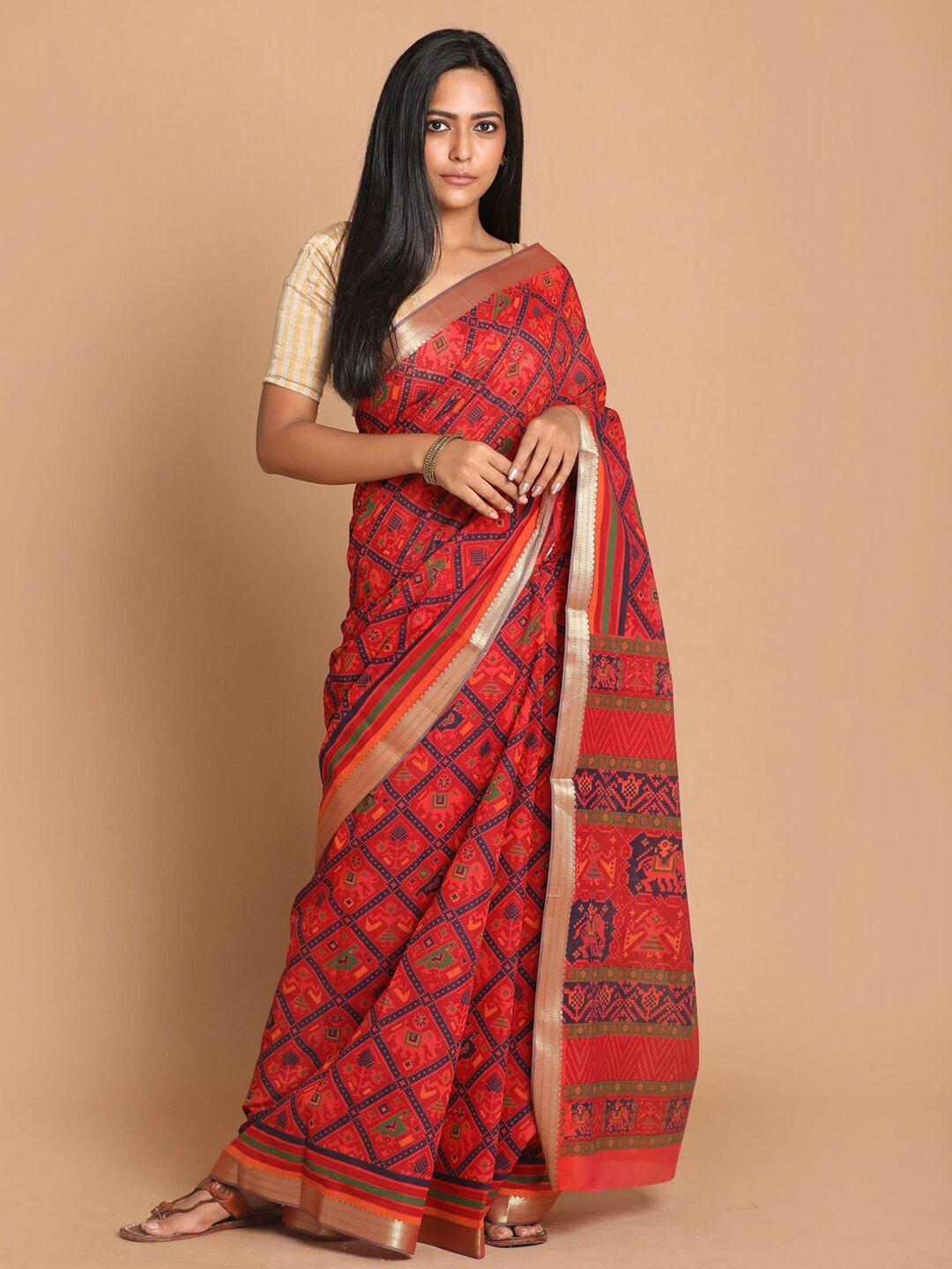 indethnic red & blue bandhani printed zari saree