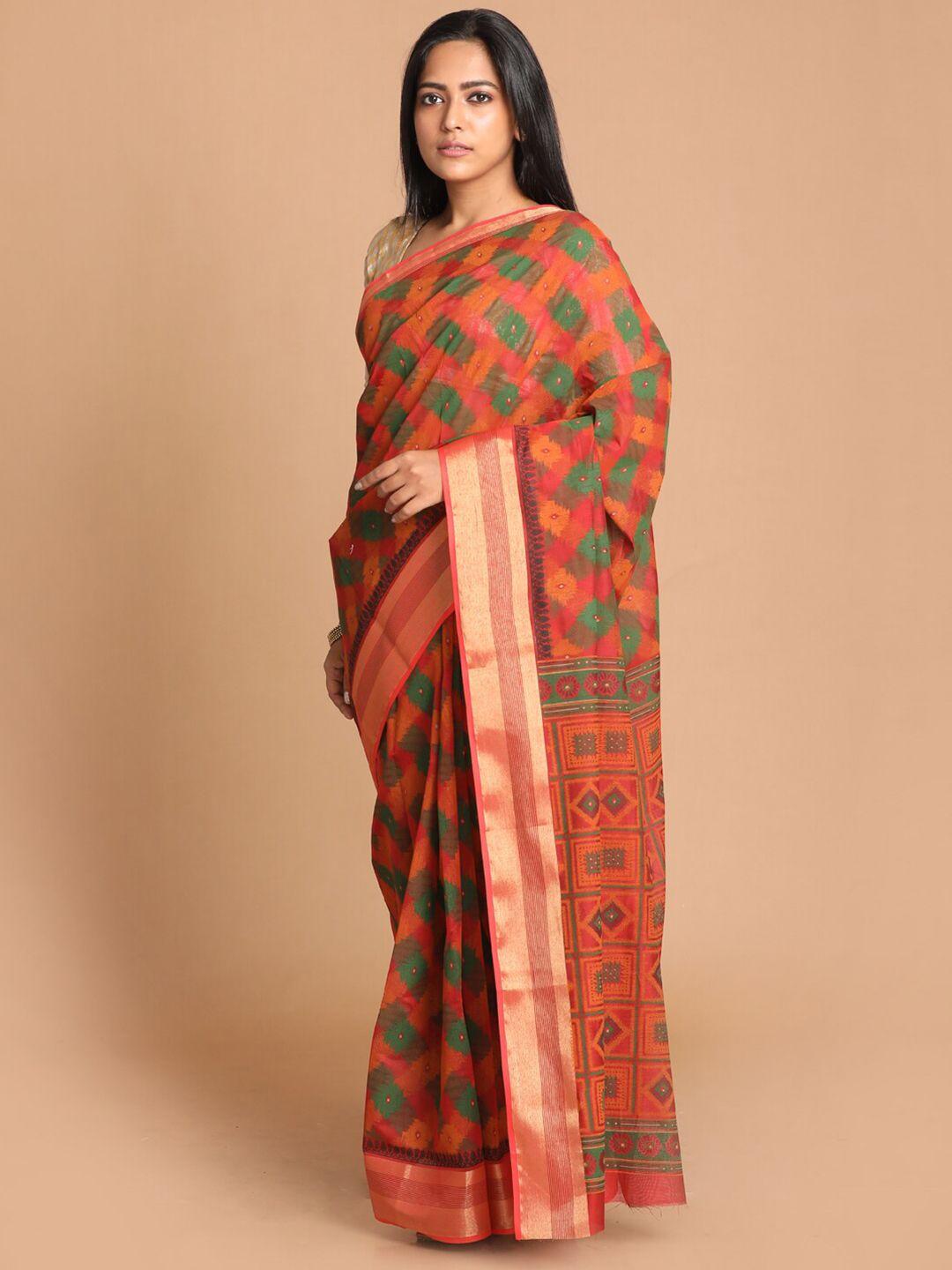 indethnic maroon & green ethnic motifs printed zari saree