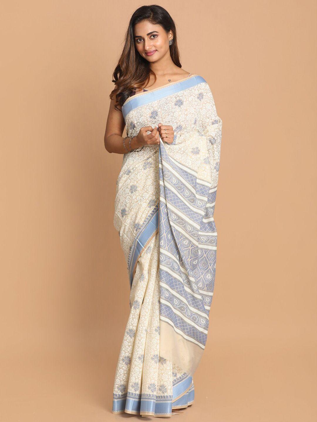 indethnic blue & white ethnic motifs saree