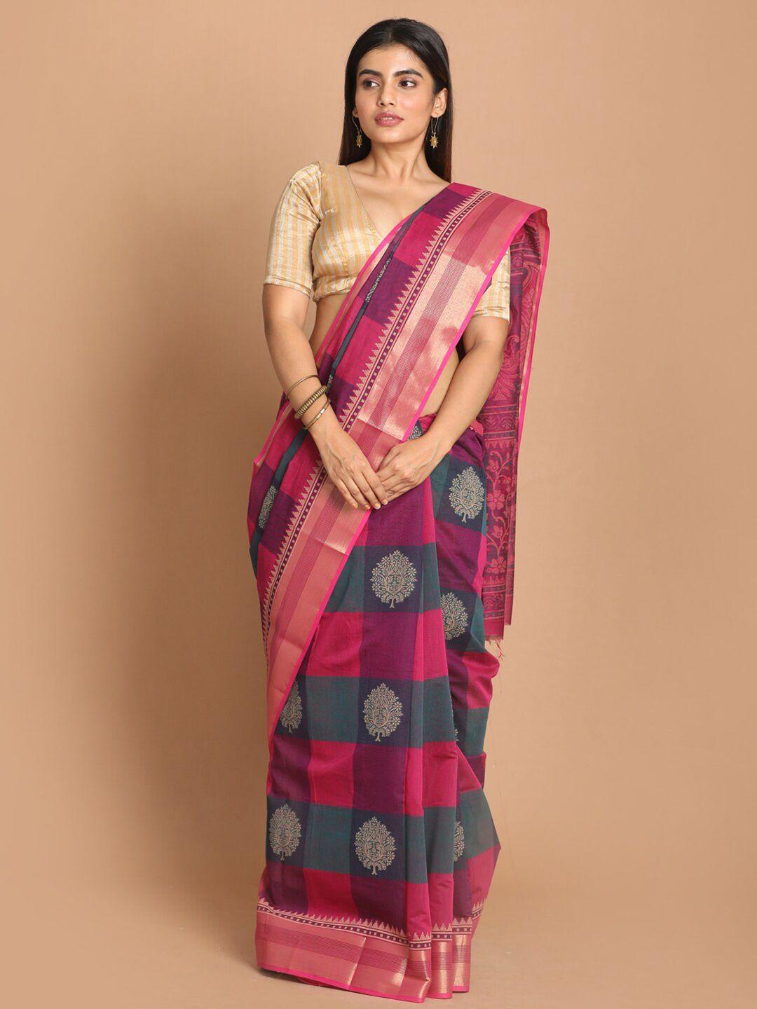 indethnic magenta & gold-toned ethnic motifs printed zari saree