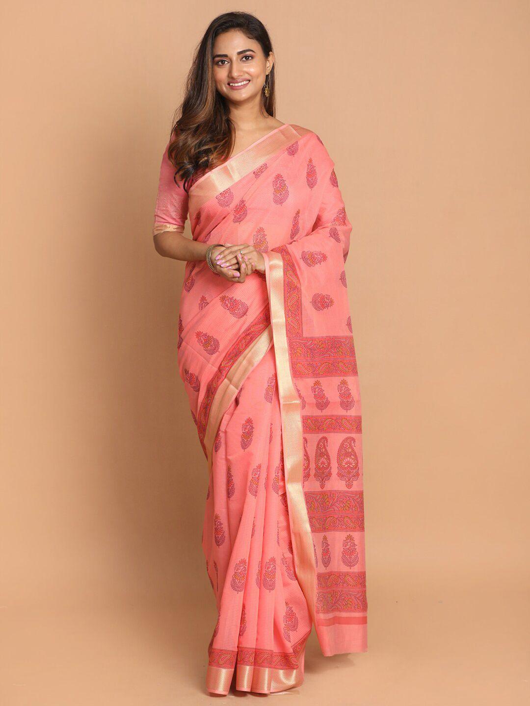 indethnic pink & gold ethnic motifs zari saree