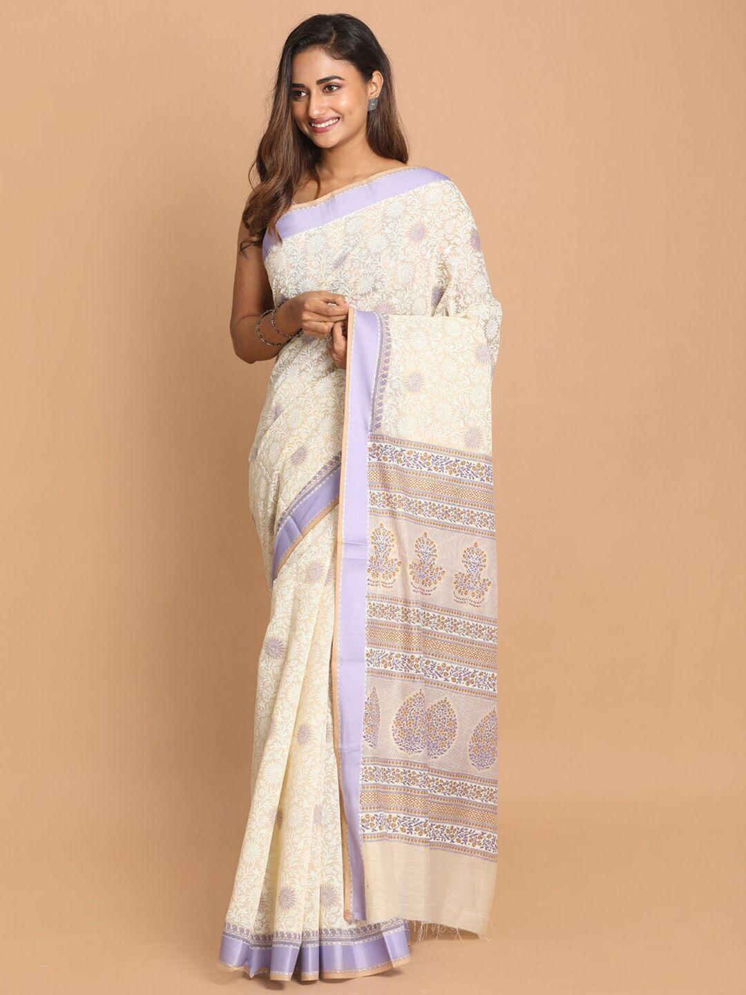 indethnic white & purple floral zari saree