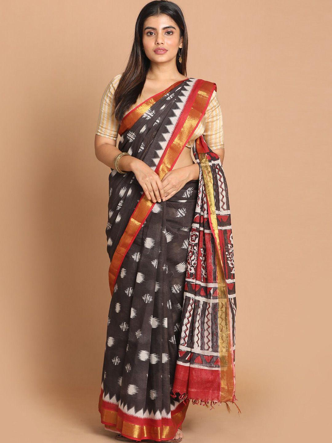 indethnic black & white ethnic motifs zari pure cotton saree