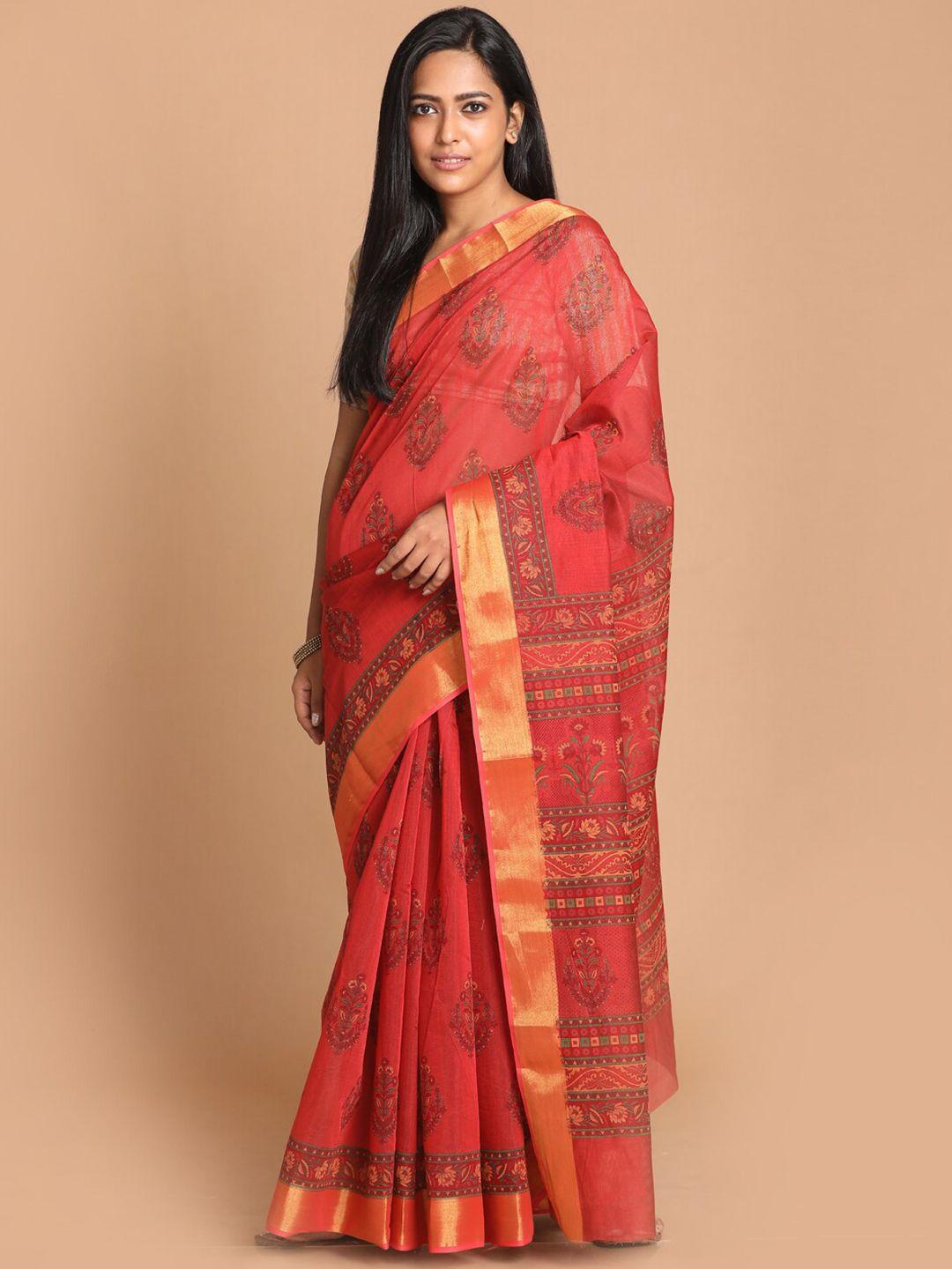 indethnic red & gold-toned floral zari saree