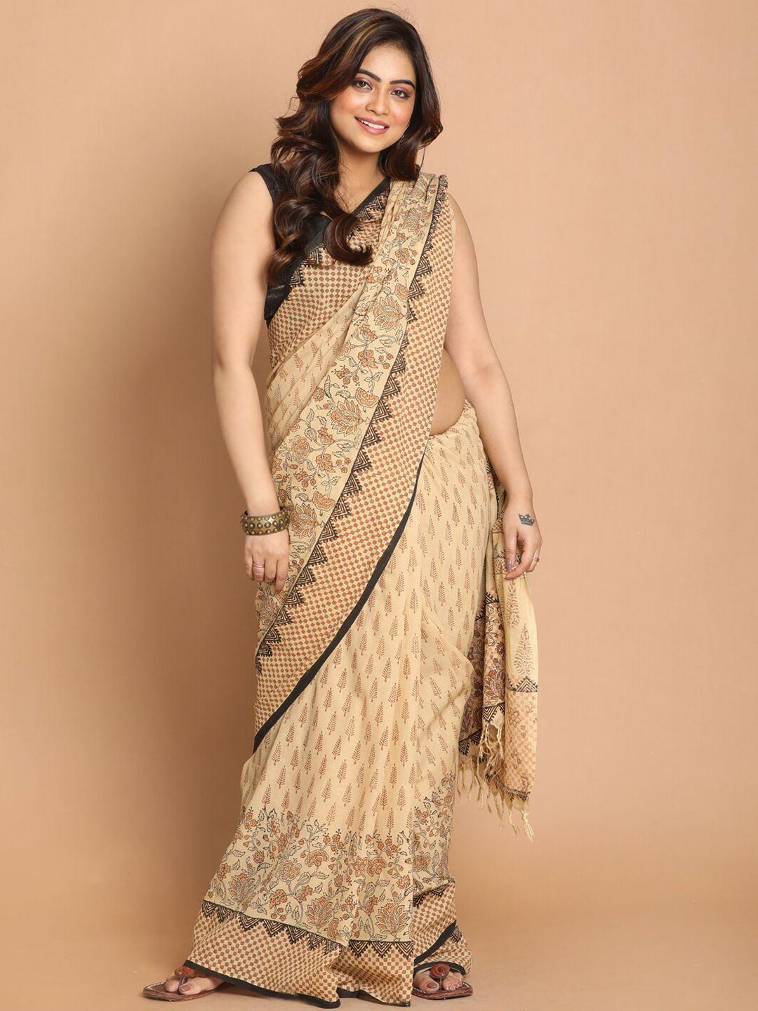 indethnic beige & black kalamkari pure cotton saree