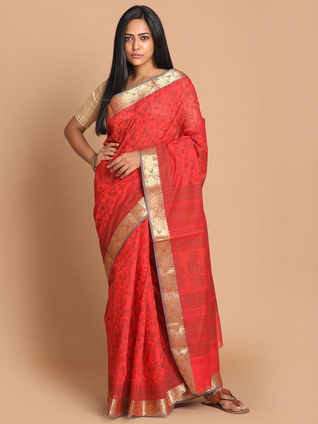 indethnic red & green floral saree