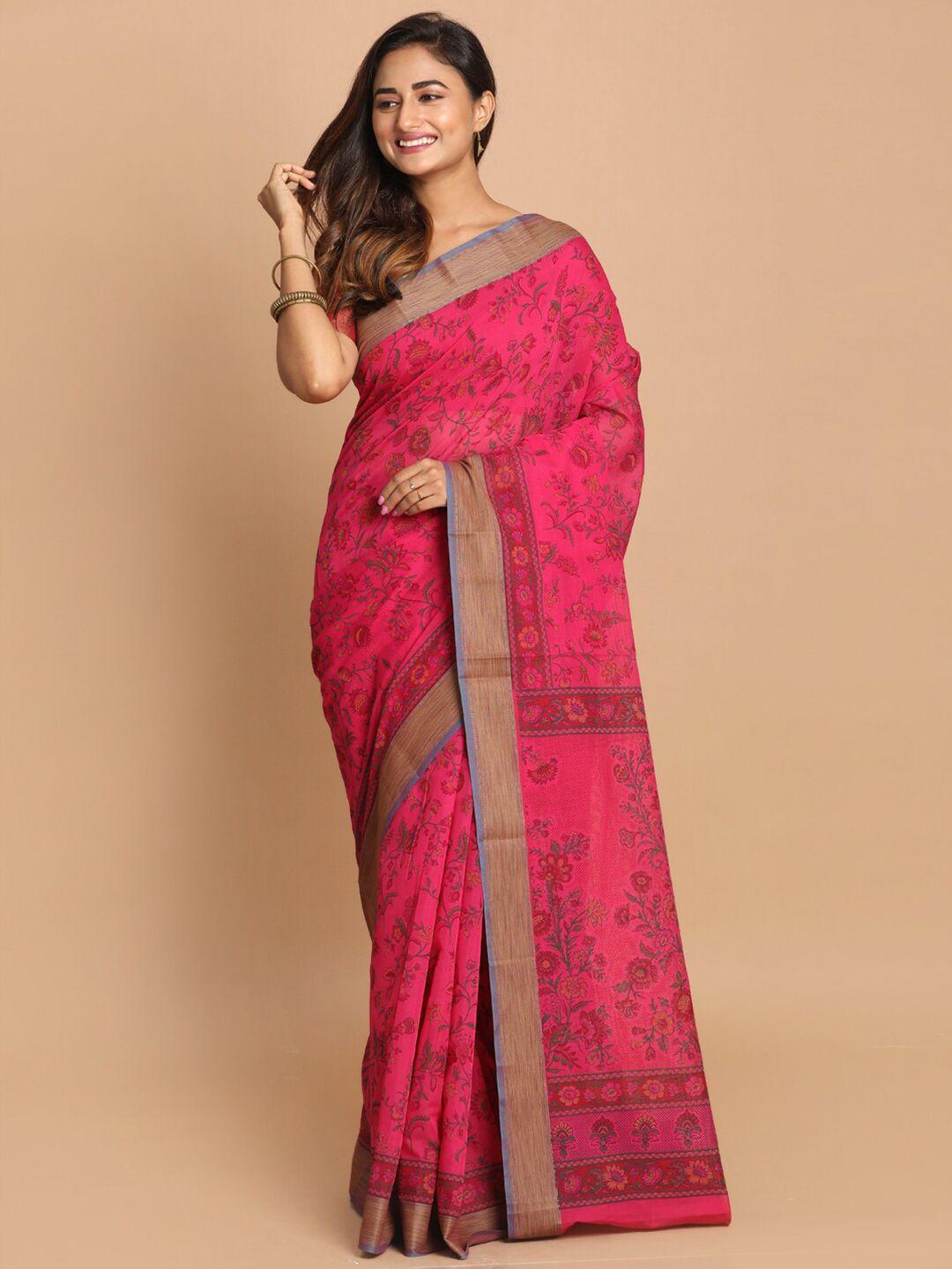 indethnic magenta & green floral printed saree