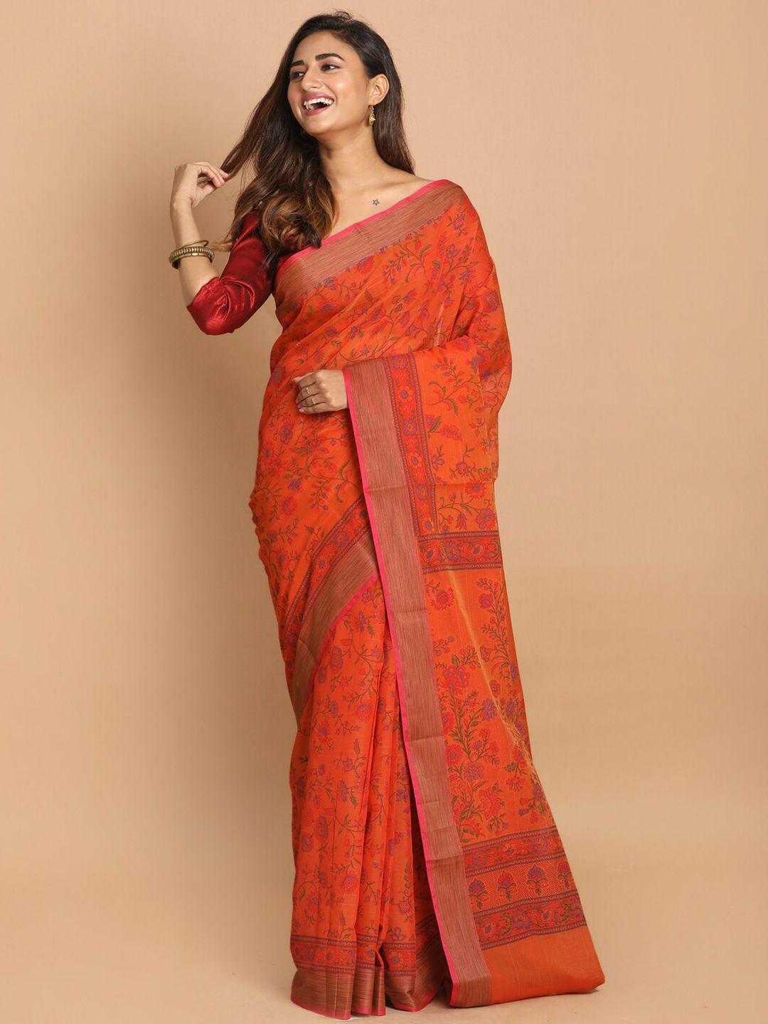 indethnic rust & green floral printed saree