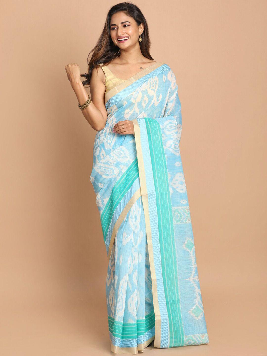 indethnic blue & white ethnic motifs zari saree