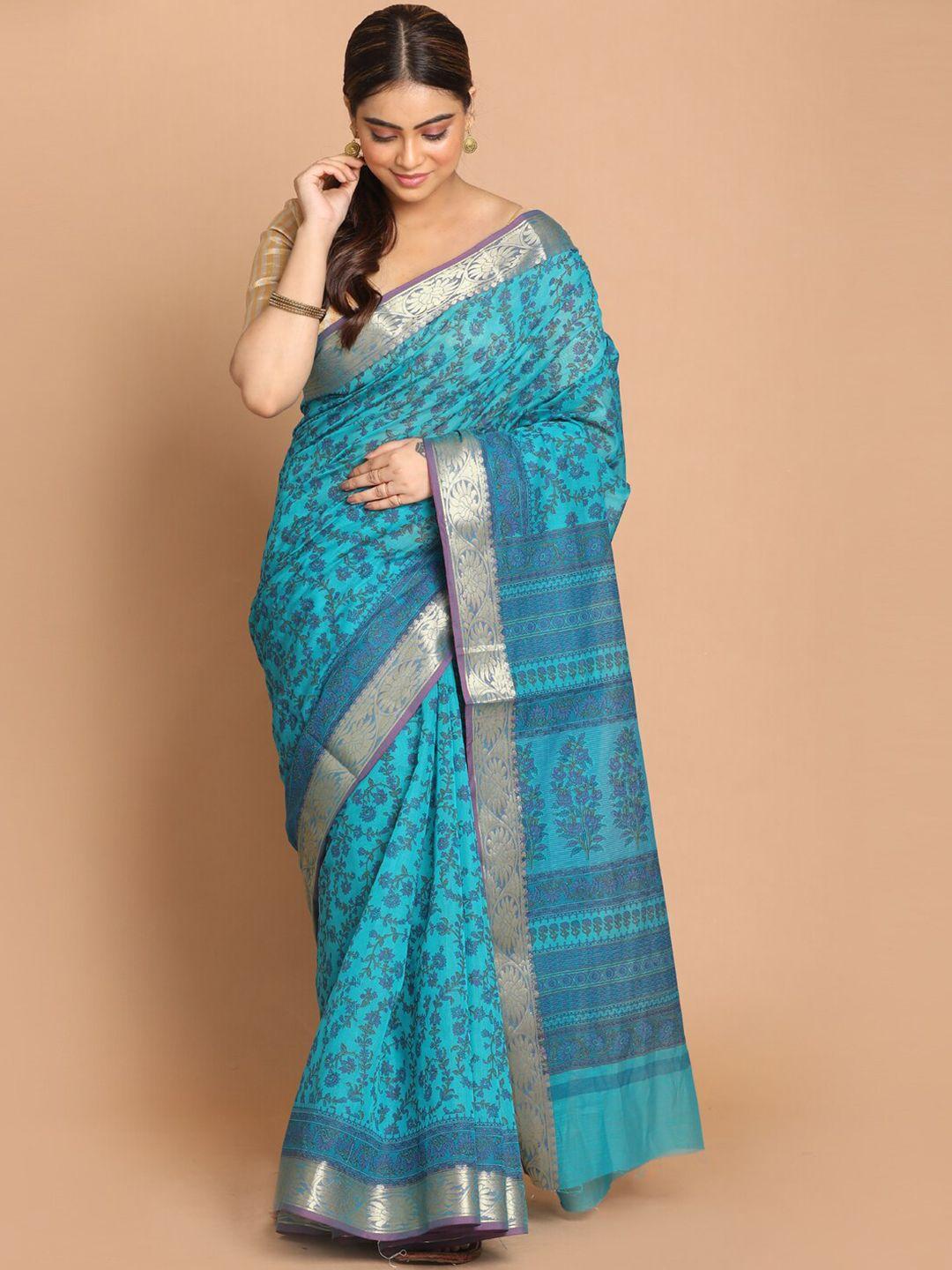 indethnic blue & gold-toned floral zari saree