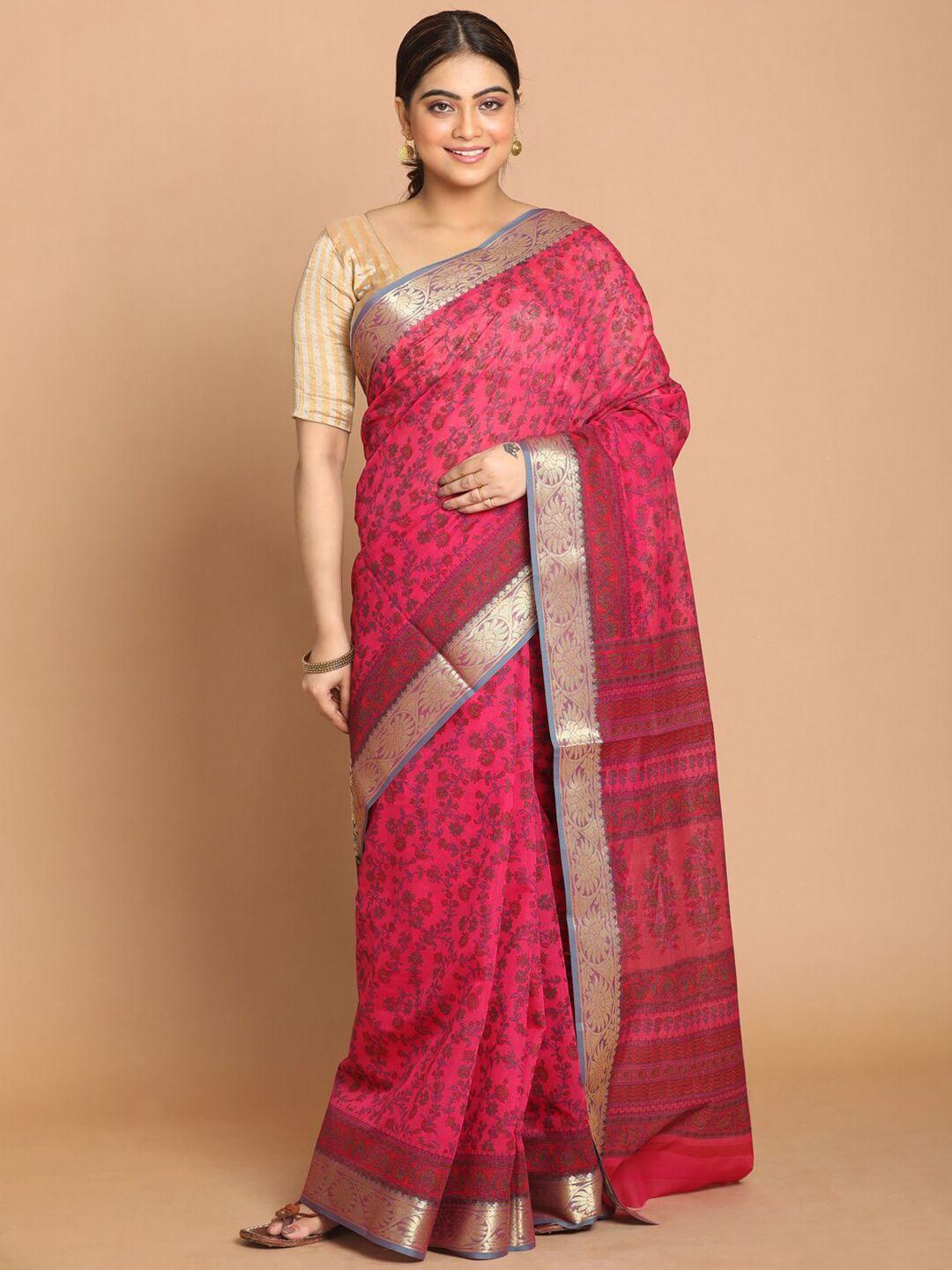 indethnic magenta floral printed saree