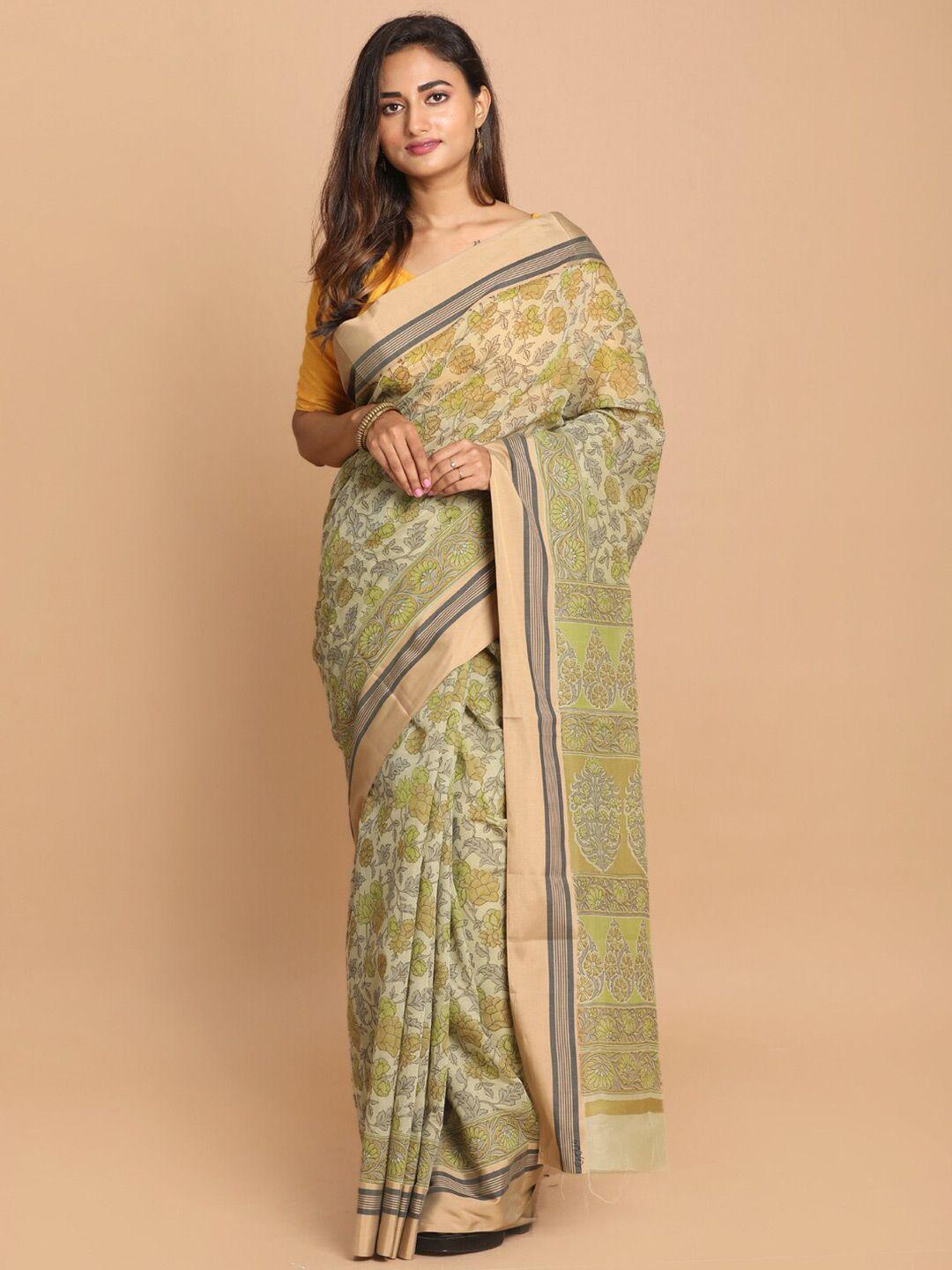 indethnic olive green & yellow floral saree