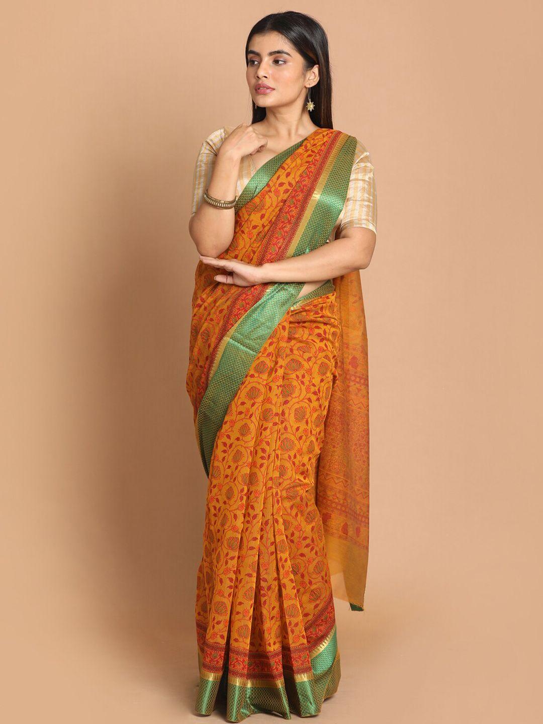 indethnic yellow & gold-toned floral printed zari border saree