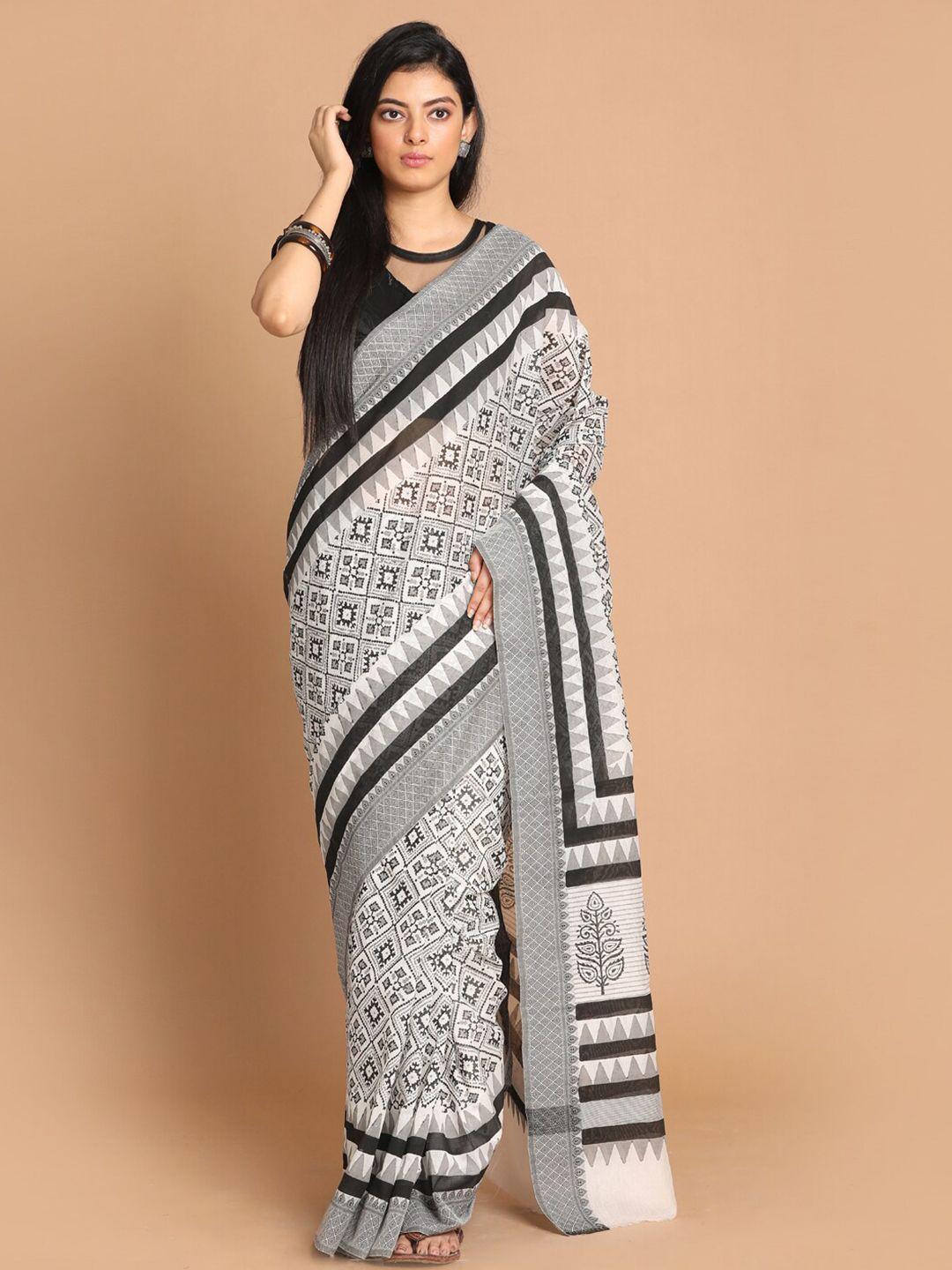 indethnic black & white ethnic motifs printed saree