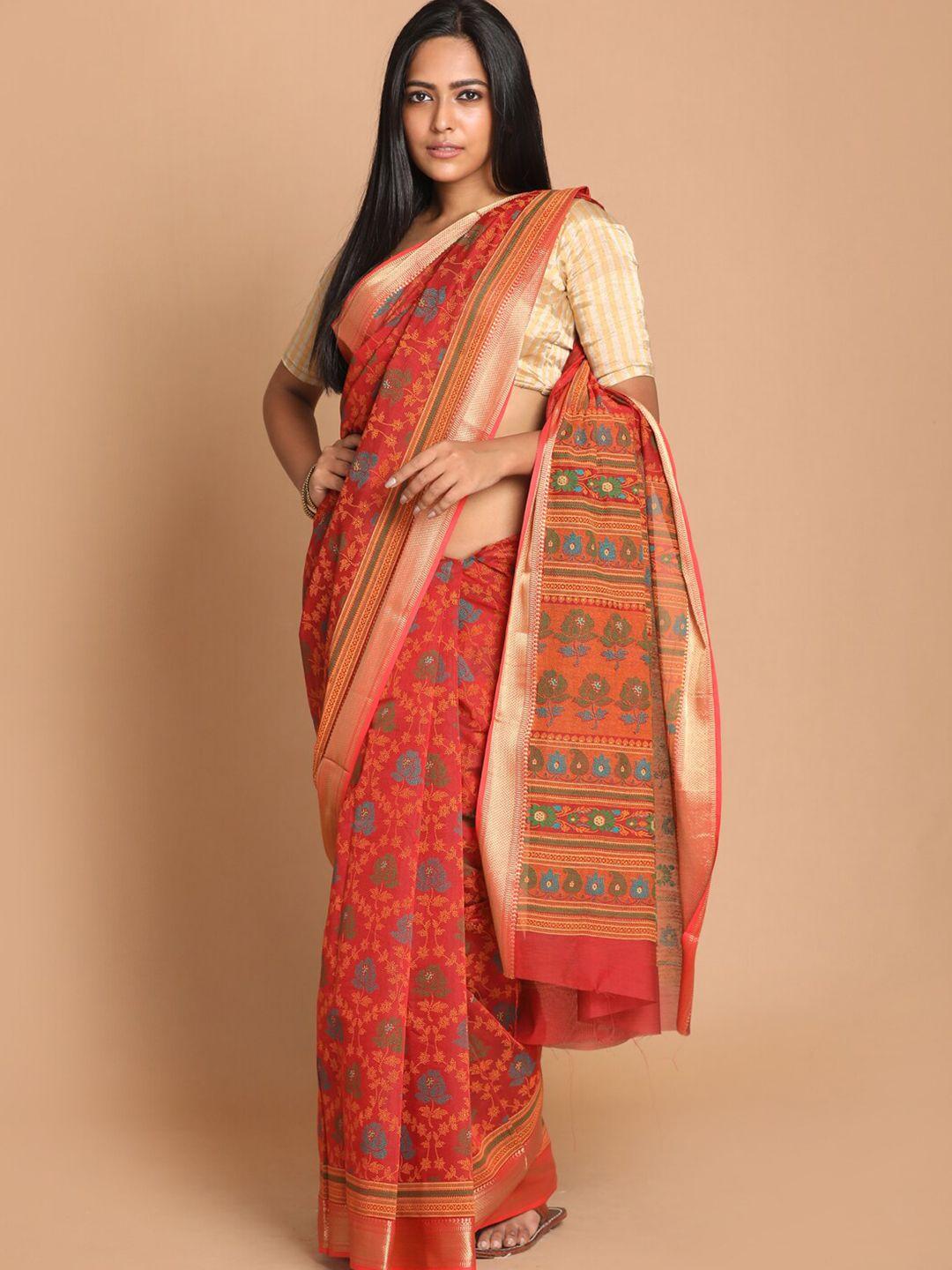 indethnic red & gold-toned floral zari border saree