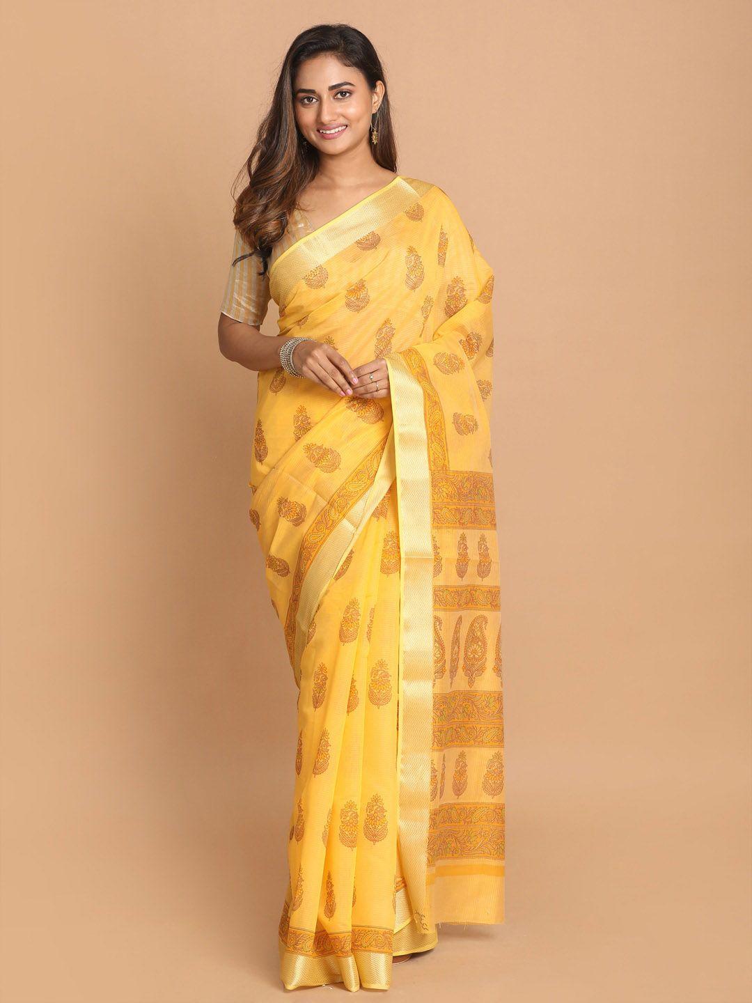 indethnic yellow & gold-toned floral zari saree