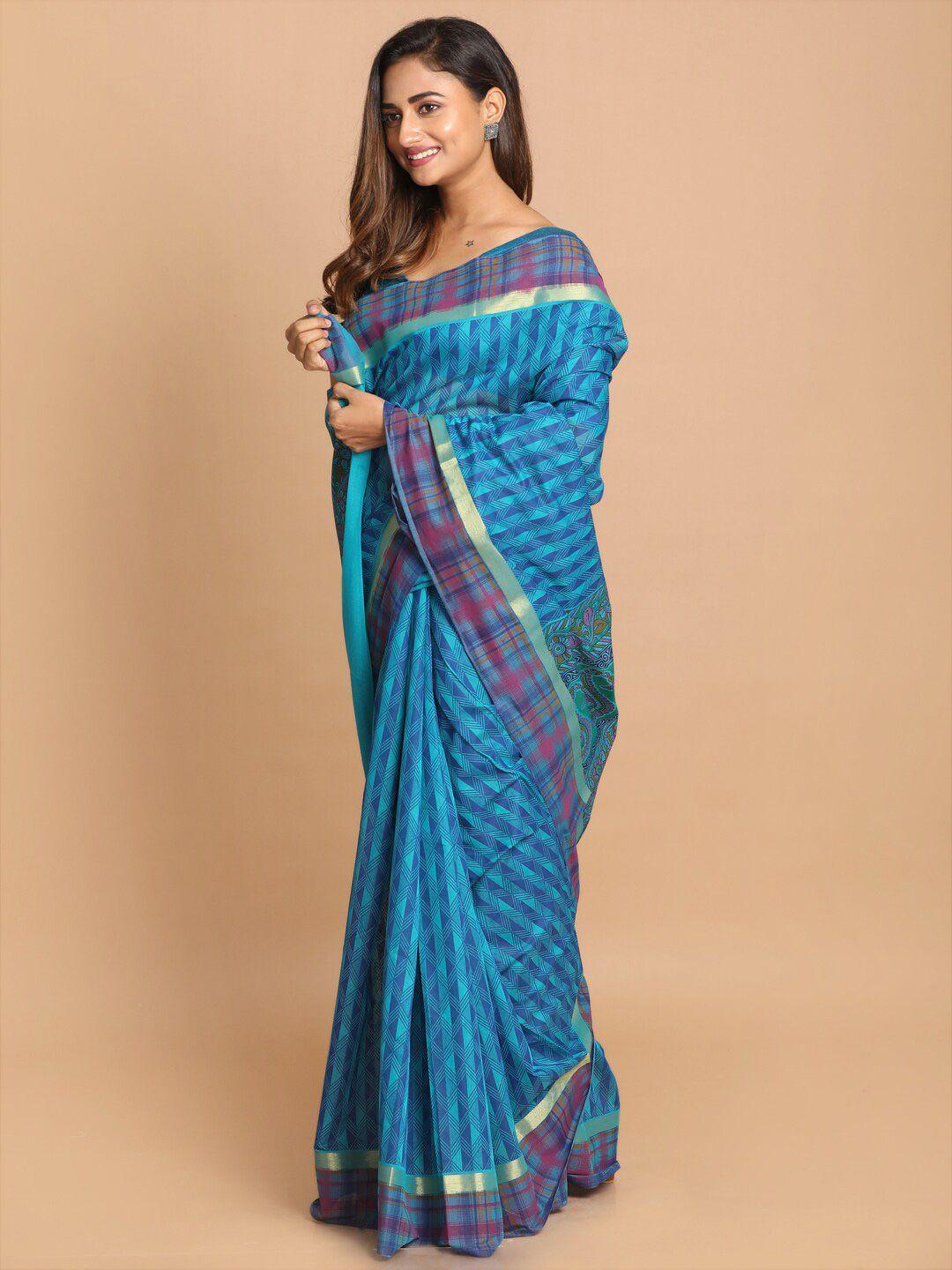 indethnic turquoise blue & pink printed saree