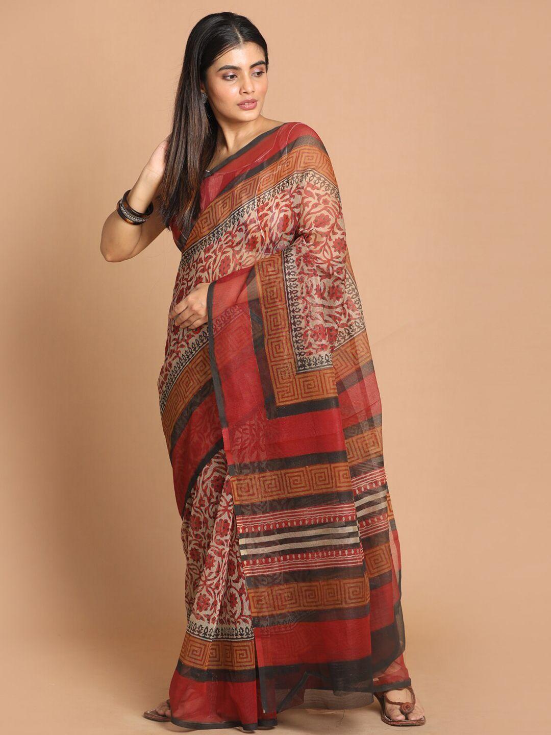 indethnic maroon & black floral printed supernet saree