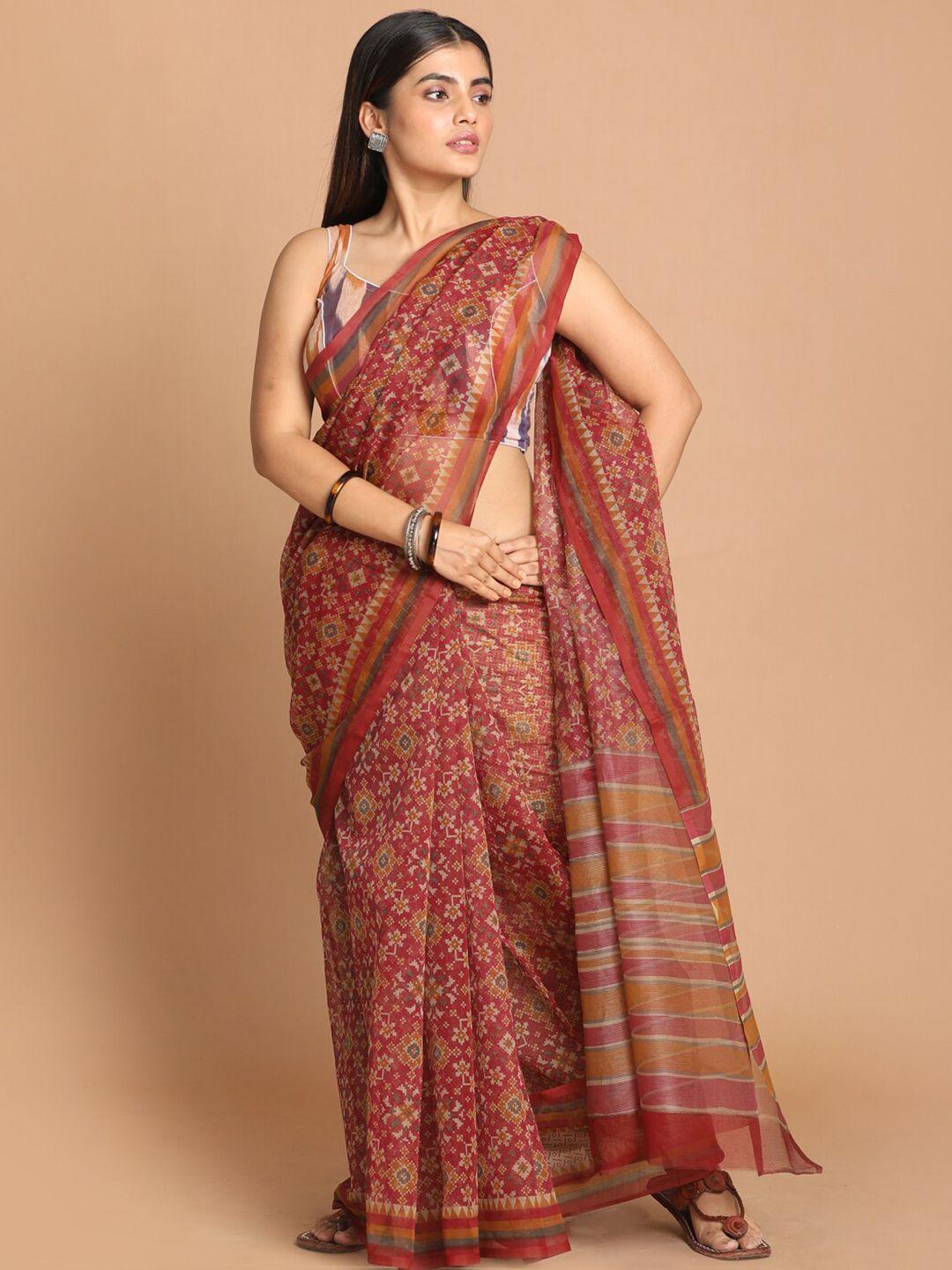 indethnic maroon & green ethnic motifs supernet saree