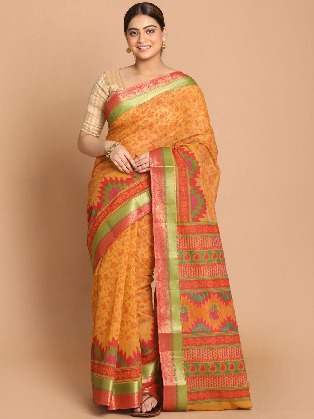 indethnic mustard & red floral zari saree