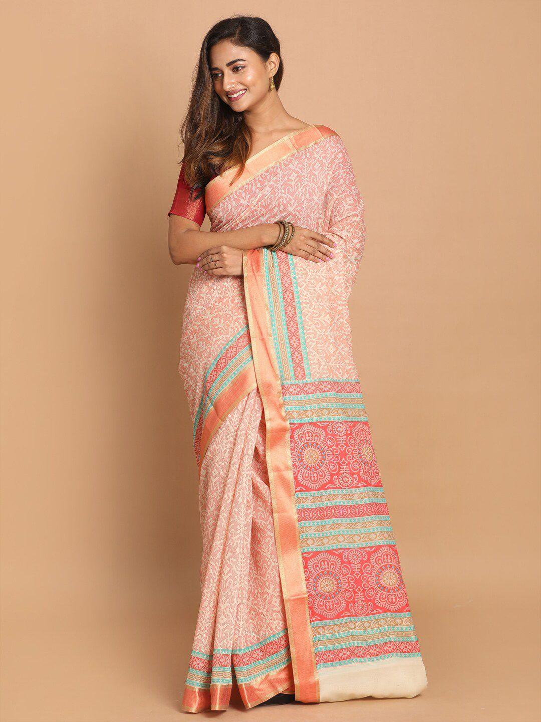 indethnic orange & gold-toned ethnic motifs printed zari border saree